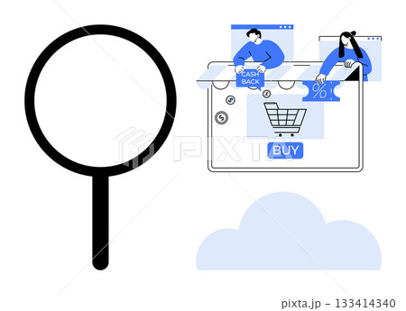 Magnifying glass, online shopping cart with buy button, cash back and discount icons, and a cloud. Ideal for e-commerce, online sales, shopping deals, discounts, price comparison digital marketing 133414340