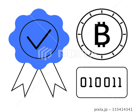 Blue badge with checkmark, Bitcoin symbol within a coin outline, binary code block. Ideal for cryptocurrency, blockchain technology, digital security, fintech, data encryption, online transactions Blue badge with checkmark, Bitcoin symbol within a coin outline, binary code block. Ideal for cryptocurrency, blockchain technology, digital security, fintech, data encryption, online transactions 133414341