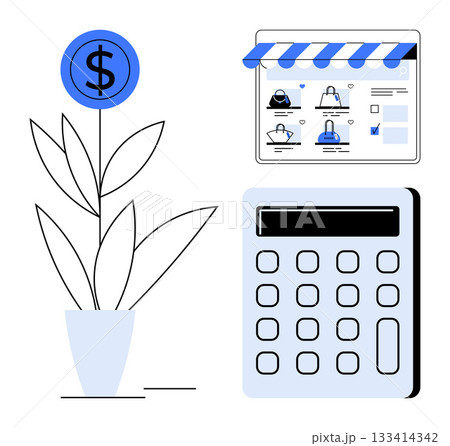 Plant with a dollar sign bloom symbolizes financial growth beside an e-commerce site and a calculator. Ideal for finance, investment, e-commerce, budget planning, financial advice, online business Plant with a dollar sign bloom symbolizes financial growth beside an e-commerce site and a calculator. Ideal for finance, investment, e-commerce, budget planning, financial advice, online business 133414342