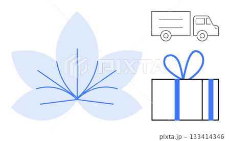 Large abstract flower, delivery truck, and wrapped gift with blue ribbon. Ideal for sustainable delivery, e-commerce, gift services, eco-friendly products, delivery apps, floral shops online 133414346