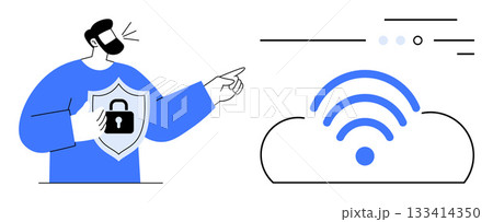 Man pointing with exclamation line and shield icon, secure wireless signal in cloud. Ideal for cybersecurity, cloud storage, data protection, wireless security, technology, internet safety Man pointing with exclamation line and shield icon, secure wireless signal in cloud. Ideal for cybersecurity, cloud storage, data protection, wireless security, technology, internet safety 133414350