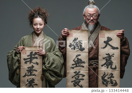 Two individuals in traditional attire showcase ancient calligraphy scrolls. 133414448