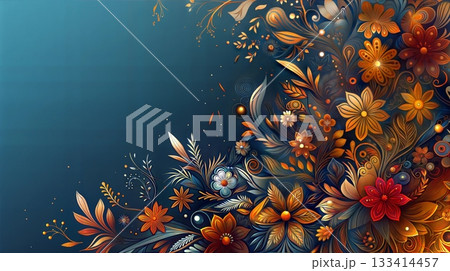 Intricate Floral Diwali Design on a Blue Background with Copy Space 133414457