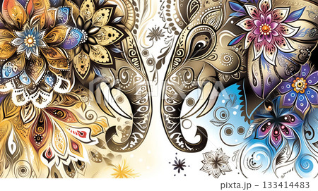 Ornate Floral Elephants in Traditional Indian Art for Festivals 133414483