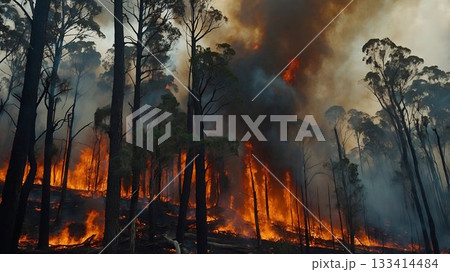 A Devastating Wildfire Continuously Rages Through the Expansive Forested Area, Causing Havoc 133414484