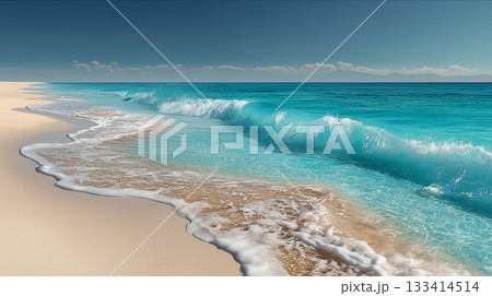 Tranquil beach scene with turquoise waves lapping against golden sands under a clear sky. 133414514