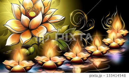 Artistic Lotus Flower and Diyas Illustration for Diwali Celebrations 133414548