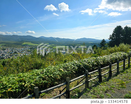 Scenic overlook of a town nestled in a valley with mountains in the background Scenic overlook of a town nestled in a valley with mountains in the background 133414578