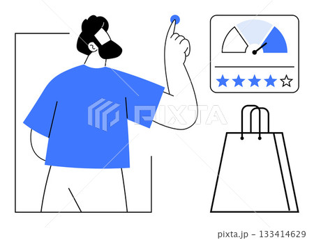 Man pressing a button while rating scale indicates high satisfaction with 4 out of 5 stars. Ideal for feedback systems, customer satisfaction, user reviews, shopping, rating services, consumer Man pressing a button while rating scale indicates high satisfaction with 4 out of 5 stars. Ideal for feedback systems, customer satisfaction, user reviews, shopping, rating services, consumer 133414629
