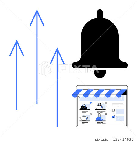 Large notification bell with upward blue arrows and online store interface, shopping elements. Ideal for e-commerce, marketing, digital growth, online shopping trends, notifications, business 133414630