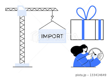 Cargo crane lifting IMPORT container next to gift box and woman driving truck. Ideal for logistics, transportation, import-export, supply chain, delivery services, global trade, and business 133414649
