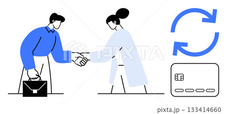 Man and woman shaking hands while man holds briefcase, credit card and two rotating arrows indicating transaction. Ideal for business, partnership, commerce, finance, cooperation, agreements. Line Man and woman shaking hands while man holds briefcase, credit card and two rotating arrows indicating transaction. Ideal for business, partnership, commerce, finance, cooperation, agreements. Line 133414660