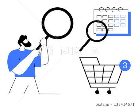 Man using magnifying glass, calendar with search symbol, and shopping cart with notification. Ideal for productivity, scheduling, analysis, planning, shopping organization efficiency. Line metaphor Man using magnifying glass, calendar with search symbol, and shopping cart with notification. Ideal for productivity, scheduling, analysis, planning, shopping organization efficiency. Line metaphor 133414671