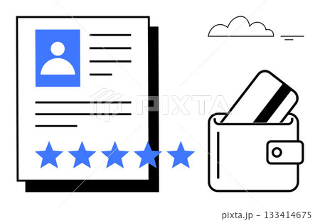 Resume with profile, five blue stars, and wallet with credit card. Ideal for employability, customer service, recruiting, finance, online services marketing satisfaction assessment. Line metaphor Resume with profile, five blue stars, and wallet with credit card. Ideal for employability, customer service, recruiting, finance, online services marketing satisfaction assessment. Line metaphor 133414675