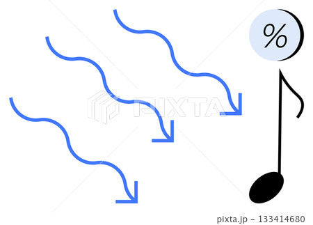 Blue arrows curving downwards towards a musical note character with a percentage symbol head. Ideal for financial themes, statistics, music, trends, market analysis, economic downturn, visual 133414680