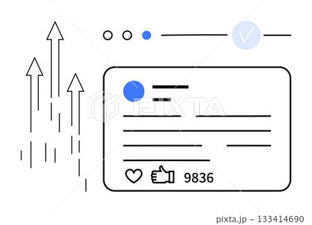 Social media post with user profile, textual content, and interaction buttons including thumbs ups and comments count. Arrows symbolizing growth. Ideal for social media marketing, engagement metrics 133414690