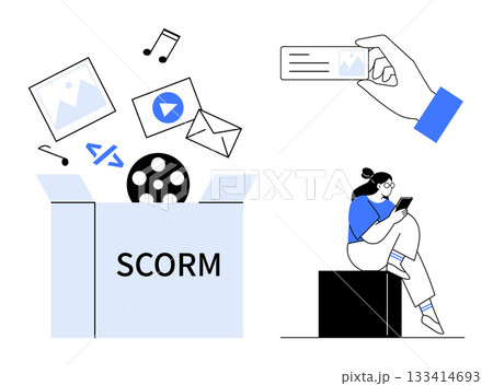 SCORM package containing multimedia elements thumbs up videos, images, and codes next to a person engaging with content on a device. Ideal for e-learning, course development, multimedia, education SCORM package containing multimedia elements thumbs up videos, images, and codes next to a person engaging with content on a device. Ideal for e-learning, course development, multimedia, education 133414693