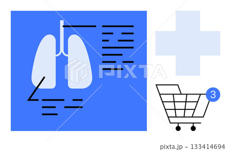 Lung diagram with annotations, medical cross symbol, and shopping cart with notification bubble. Ideal for healthcare, online medical services, e-commerce, respiratory health education, telemedicine Lung diagram with annotations, medical cross symbol, and shopping cart with notification bubble. Ideal for healthcare, online medical services, e-commerce, respiratory health education, telemedicine 133414694