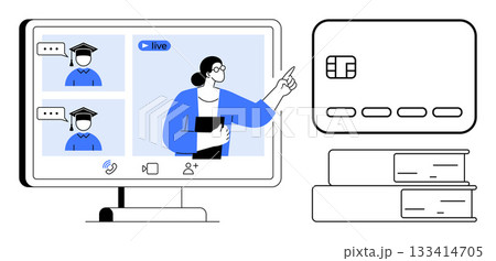 Instructor on a live video webinar pointing at a screen with graduates, a credit card, and stacked books. Ideal for online learning, virtual classes, e-commerce, digital education, finance, webinars 133414705