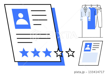 Professional resume with four-star rating, profile picture, and text details. Office attire including suit jacket, shirts, and pants on hanger. Ideal for job applications, career services, HR 133414717