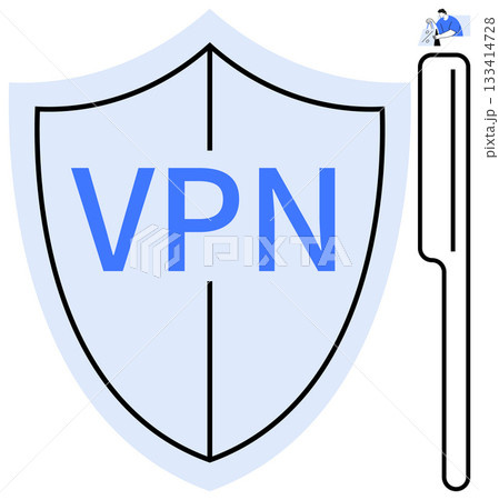 VPN shield icon with VPN text, accompanied by a magnifying glass and a small laptop icon. Ideal for cybersecurity, internet safety, tech tutorials, data protection, online privacy education. Line VPN shield icon with VPN text, accompanied by a magnifying glass and a small laptop icon. Ideal for cybersecurity, internet safety, tech tutorials, data protection, online privacy education. Line 133414728