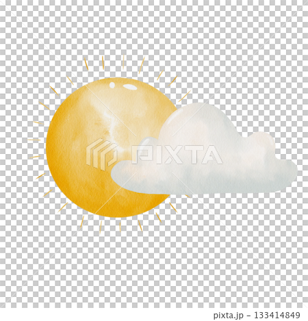 Bright yellow sun with rays peeking out from behind white-gray cloud. Lovely watercolor illustration of the weather. Hand-drawn, isolated on white background 133414849