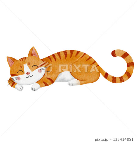 Sleeping ginger tabby cat with white face, long whiskers in cute watercolor style. Hand drawn illustration for children on white background. Cozy pet character, for decorating child room and books 133414851
