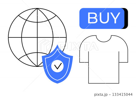 Globe representing worldwide access, shield symbolizing security, BUY button for e-commerce, and t-shirt for clothing shopping. Ideal for e-commerce, online shopping, internet security, global trade Globe representing worldwide access, shield symbolizing security, BUY button for e-commerce, and t-shirt for clothing shopping. Ideal for e-commerce, online shopping, internet security, global trade 133415044