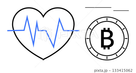 Heart shape with blue EKG line next to a Bitcoin symbol coin. Ideal for healthcare, crypto finance, investment, technology, digital economy, fintech, innovation themes. Line metaphor 133415062