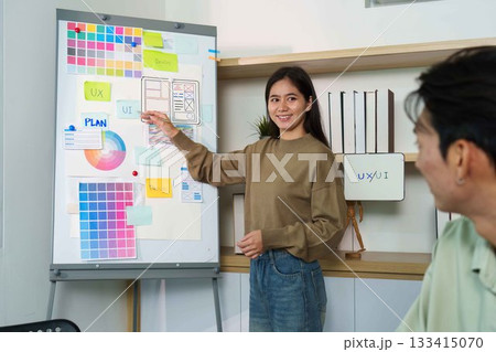 UX UI Presentation. Designer explaining wireframes and user interface concepts to team. 133415070