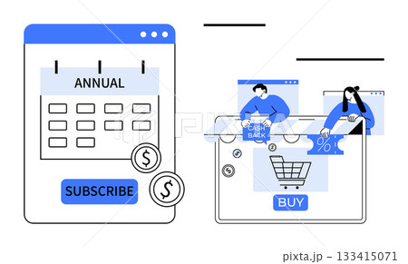 Calendar with Annual subscription, cart with Buy button, person receiving cashback, and another enjoying a discount. Ideal for e-commerce, subscriptions, online shopping, financial services, customer 133415071