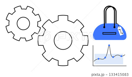 Gears symbolize process efficiency while a blue handbag and data chart indicate business insights. Ideal for business workflow, efficiency, data analysis, retail, e-commerce, productivity, and market 133415083
