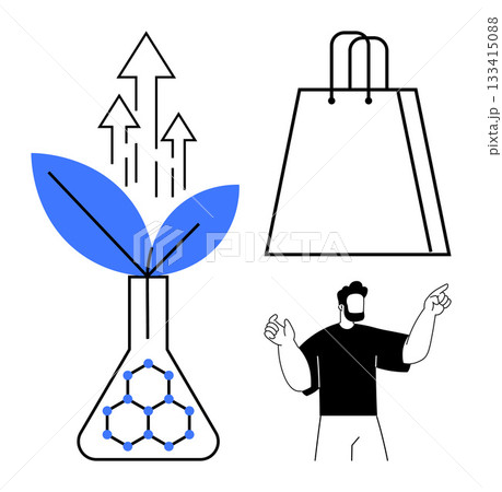 Plant growing from flask with molecular structure, upward arrows. Shopping bag and gesturing man. Ideal for sustainability, eco-friendly products, green growth, environmental science, retail Plant growing from flask with molecular structure, upward arrows. Shopping bag and gesturing man. Ideal for sustainability, eco-friendly products, green growth, environmental science, retail 133415088