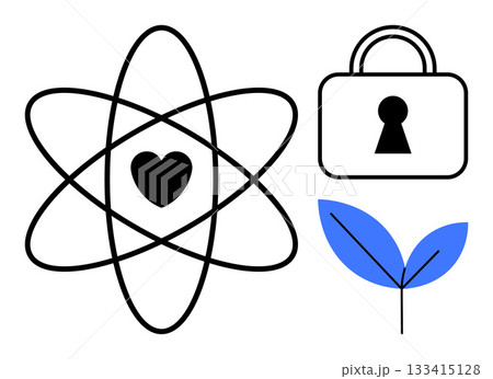 Atom symbol with heart at center, security lock, and leaf sprout represent science, security, and sustainability. Ideal for educational materials, security protocols, environmental campaigns Atom symbol with heart at center, security lock, and leaf sprout represent science, security, and sustainability. Ideal for educational materials, security protocols, environmental campaigns 133415128