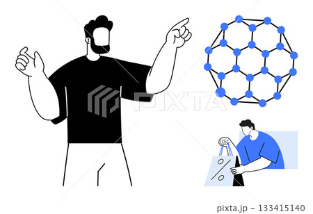Man pointing at molecular structure, depicting science focus, beside another man holding shopping bag, emphasizing consumerism. Ideal for scientific presentations, marketing, education, e-commerce 133415140