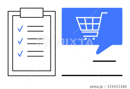 Shopping cart in blue speech bubble next to checklist with checkmarks. Ideal for e-commerce, online shopping, to-do lists, digital marketing, task management, project planning, retail business. Line 133415160