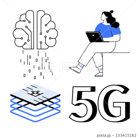 Brain emitting binary code, person with laptop, 5G symbol, microchip layers. Ideal for tech innovation, AI, 5G networks, remote work, digital transformation, networking, future tech developments 133415162