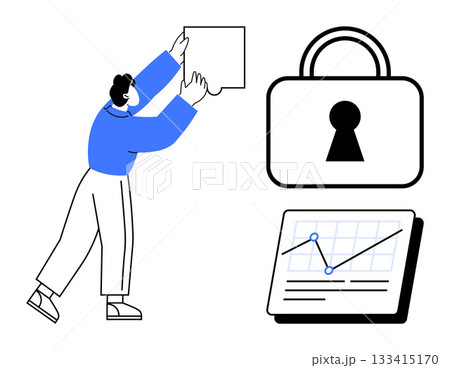 Person lifting a square, large lock with keyhole, and a graph on a screen. Ideal for cybersecurity, data analysis, privacy protection, technology, business security, digital safety online 133415170