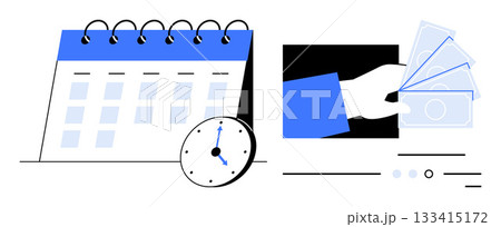 Calendar, clock with hands pointing at specific time, and human hand holding paper money. Ideal for business, finance, time management, scheduling, planning, budgeting, and deadlines. Line metaphor Calendar, clock with hands pointing at specific time, and human hand holding paper money. Ideal for business, finance, time management, scheduling, planning, budgeting, and deadlines. Line metaphor 133415172
