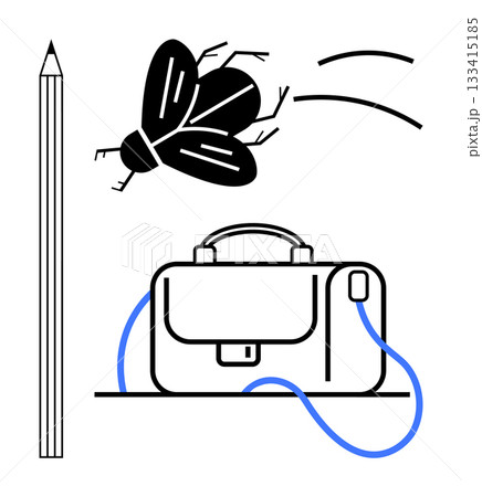 Fly near a briefcase and pencil. Ideal for business stress, productivity, workplace challenges, distraction management, office life, focus issues, modern work environment. Line metaphor 133415185