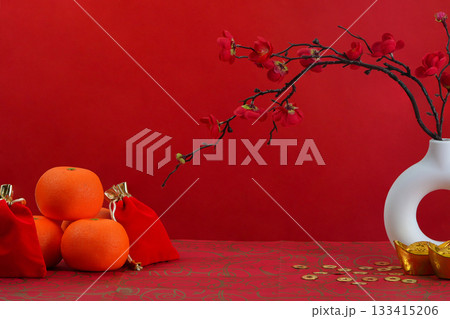 Background with Red Oranges and Decorative Elements for Lunar New Year Background with Red Oranges and Decorative Elements for Lunar New Year 133415206