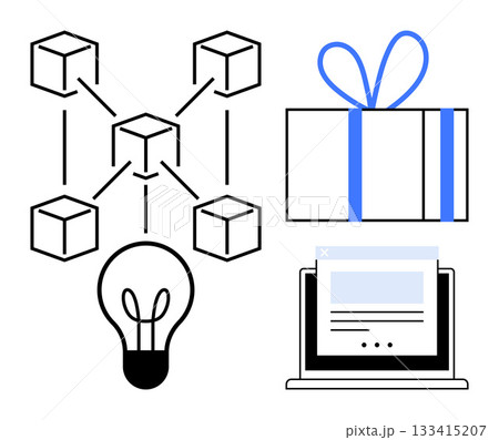 Blockchain network diagram, gift box with ribbon, light bulb, and web page on laptop screen. Ideal for technology, e-commerce, innovation, digital transactions, online shopping startups 133415207
