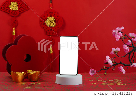 Background with Smartphone Display and Lunar New Year Decor 133415215