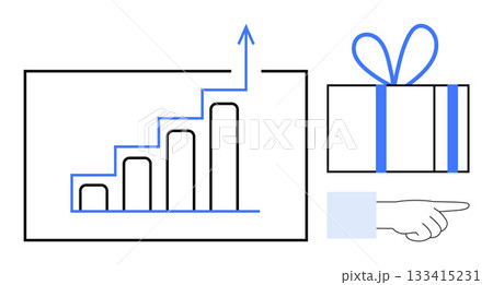 Bar chart ascending with blue arrow, gift box with blue ribbon, pointing hand. Ideal for business success, progress, achievements, rewards, motivation sales goals corporate incentives. Line Bar chart ascending with blue arrow, gift box with blue ribbon, pointing hand. Ideal for business success, progress, achievements, rewards, motivation sales goals corporate incentives. Line 133415231