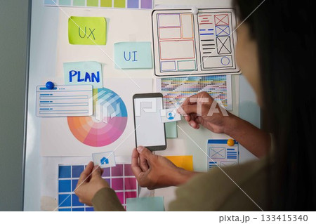 UX UI Design Collaboration. Team brainstorming with sketches and color palettes. 133415340