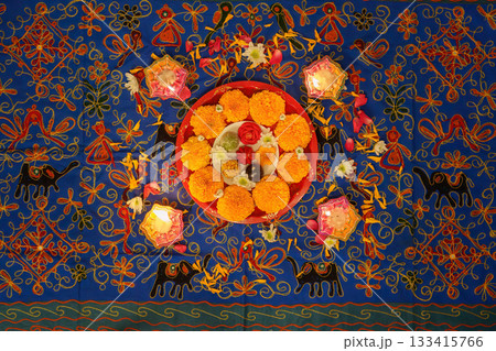Overhead View of Diwali Festivities with Colorful Offerings Overhead View of Diwali Festivities with Colorful Offerings 133415766