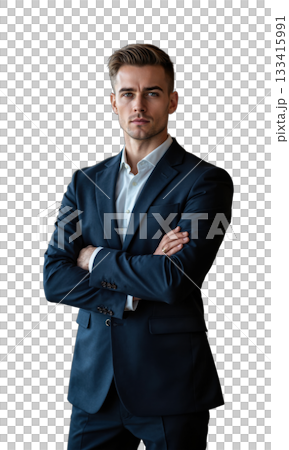 A White male entrepreneur standing in a high-end office with an intense, focused gaze, arms crossed. His calm and composed 133415991