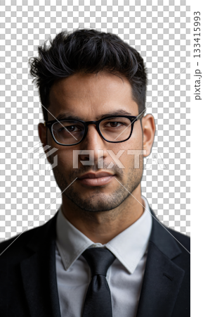 A South Asian man with short, neatly styled hair and sharp glasses, his expression exuding determination and clarity, framed 133415993