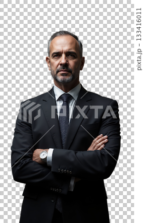 A Middle Eastern CEO in obsidian with a golden halo of clocks behind him, arms folded, symbolizing command over time 133416011