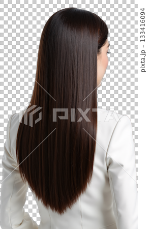Woman Hair Backview. The back view of a woman with very long, straight, dark brown hair, wearing a white blazer. Woman Hair Backview. The back view of a woman with very long, straight, dark brown hair, wearing a white blazer. 133416094